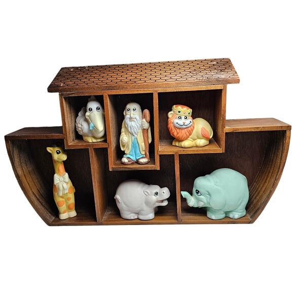 Vintage 1990 HOL House of Lloyd Noah’s Ark 6 Ceramic Figures w/ Wooden Ark BOX - Picture 1 of 7